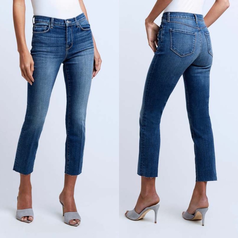 L'AGENCE Sada High Rise Crop Slim Jean Mesa Blue frayed hem